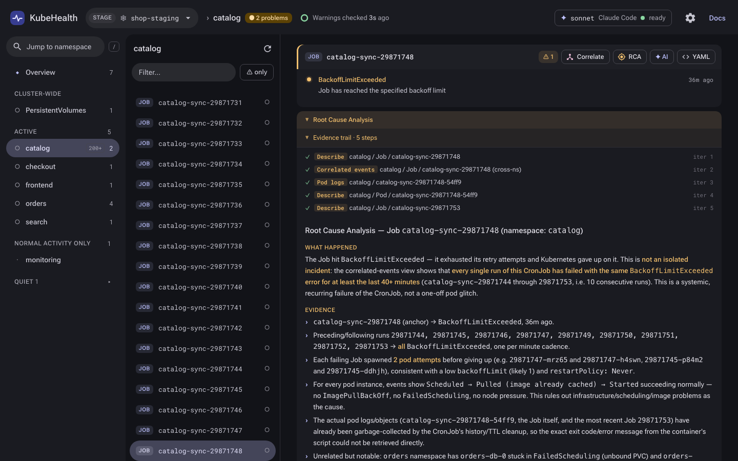 An RCA through Claude Code: its tool calls in the evidence trail