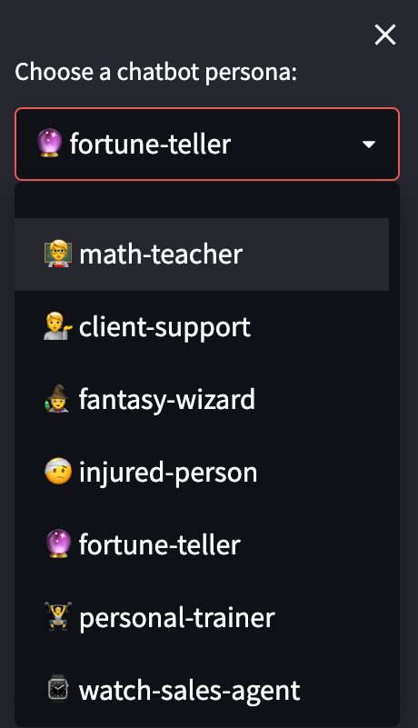 Screenshot showing the available personas on the Streamlit demo, with the Fortune Teller persona selected by default..