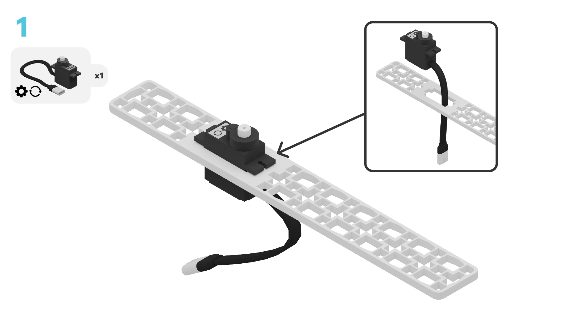 Grab a white long frame. Put a continuous servo motor through the frame's servo hole. Make sure the cord of the servo is closest to the long end of the frame.