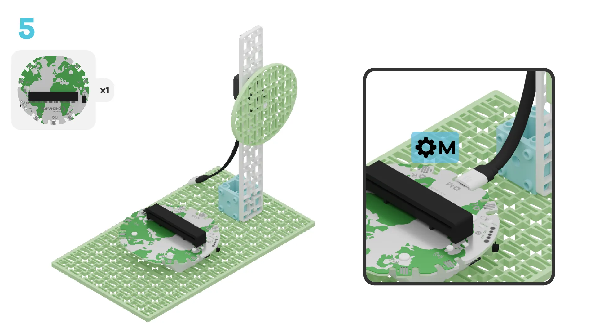 Attach the breakout board to the middle of a long frame building block. Connect the servo motor to the middle motor port.