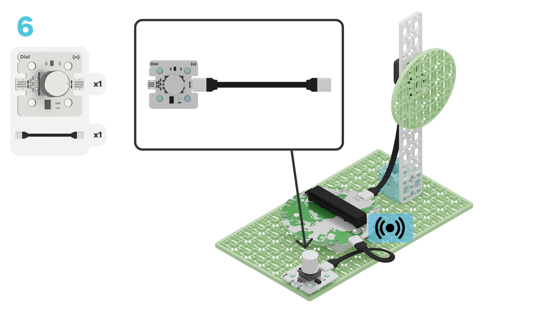 Grab the dial and a short cable. Connect them. Plug the other end of the cable into a sensor port on the breakout board.