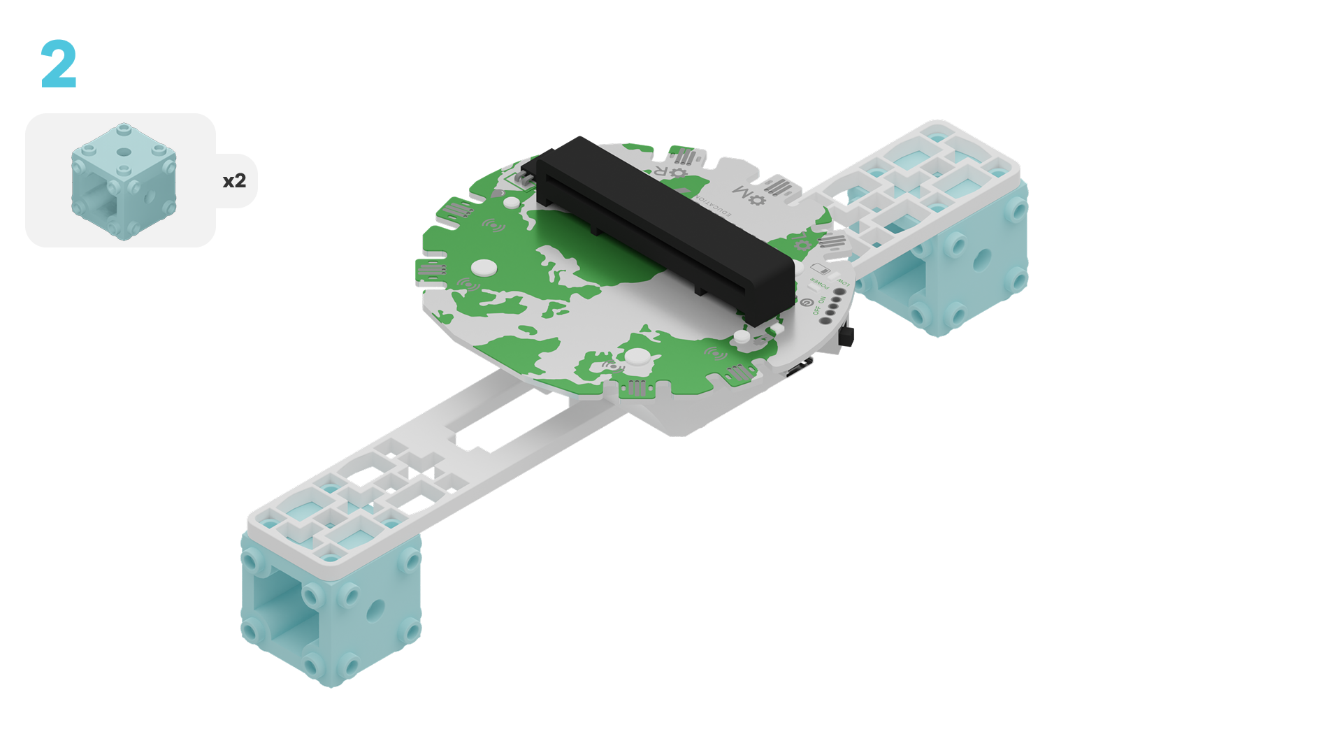 Add two cube connectors to either end of the long frame. Set this piece aside.