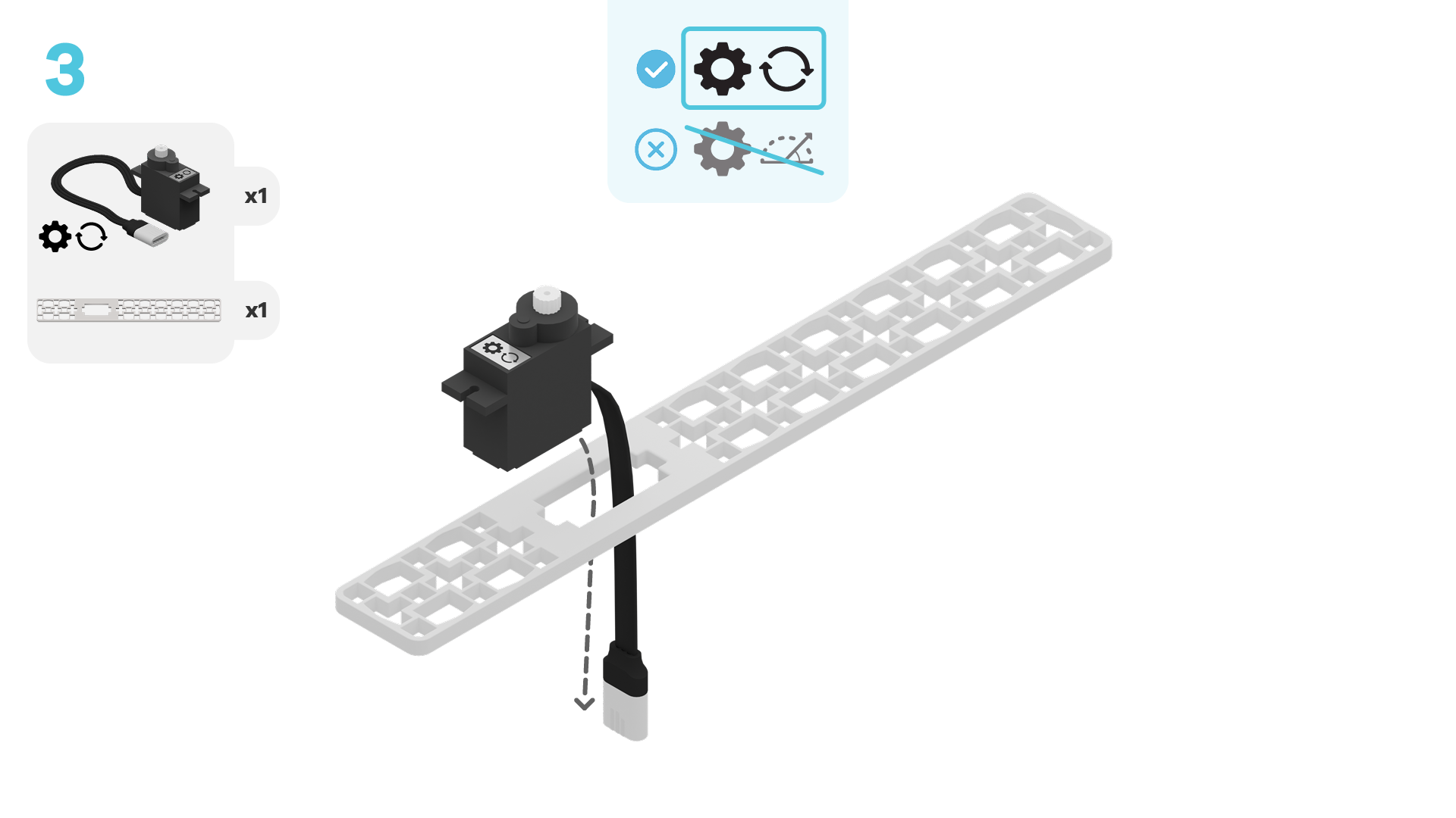 Grab a second long frame. Put the continuous servo motor through the frame's servo hole.