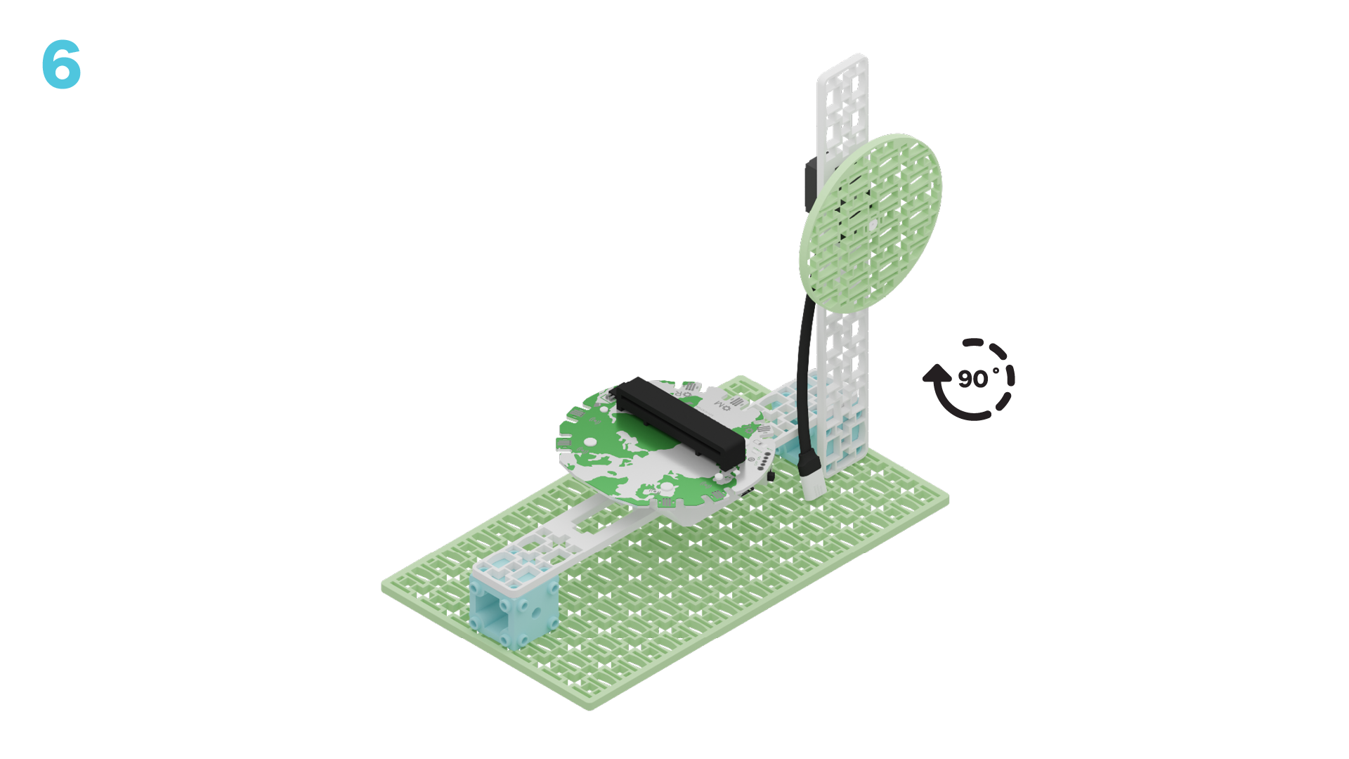 Take the long frame with the breakout board and snap it onto the center of the base plate. Then, turn the second long frame, turn it, and attach it to the right cube connector, so it looks like a wind turbine. All pieces should be attached now.