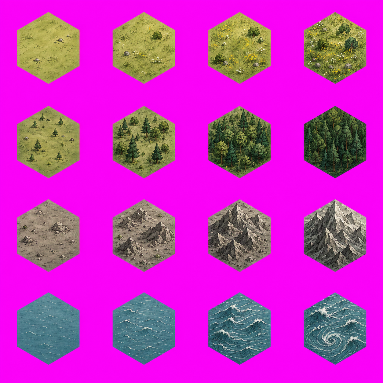 ภาพชุดลายพื้นดินหลายแบบจาก Hexmap ก่อนนำไปตัดเป็นช่องหกเหลี่ยม