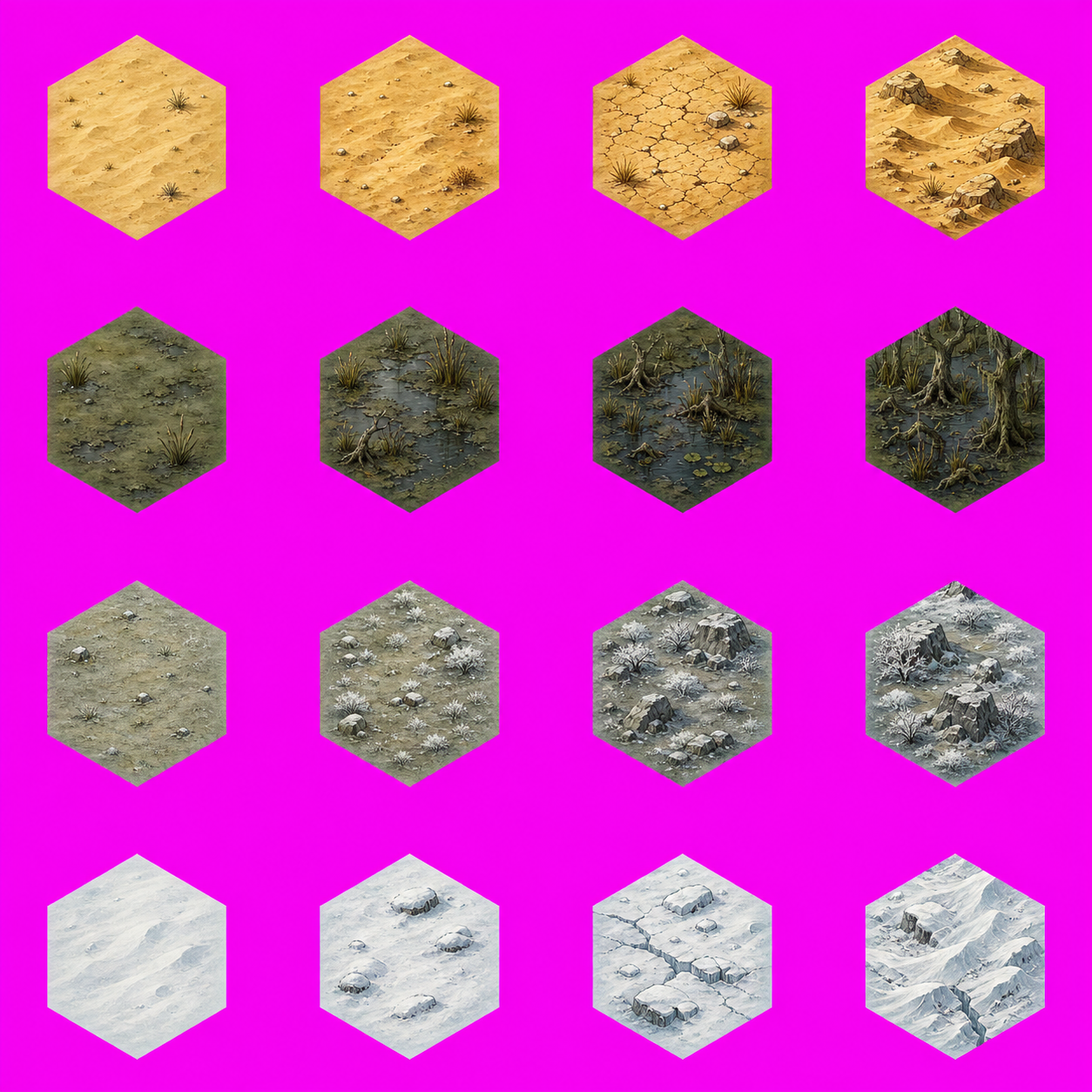 ภาพชุดลายพื้นดินอีกชุดที่ Hexmap เตรียมไว้สำหรับทดสอบการจัดแผนที่