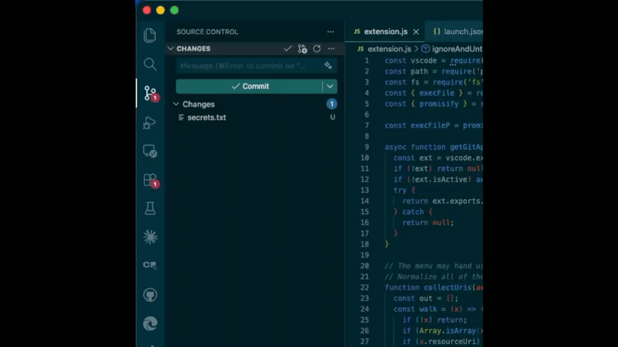 Demo: right-click a file and choose Ignore & Untrack