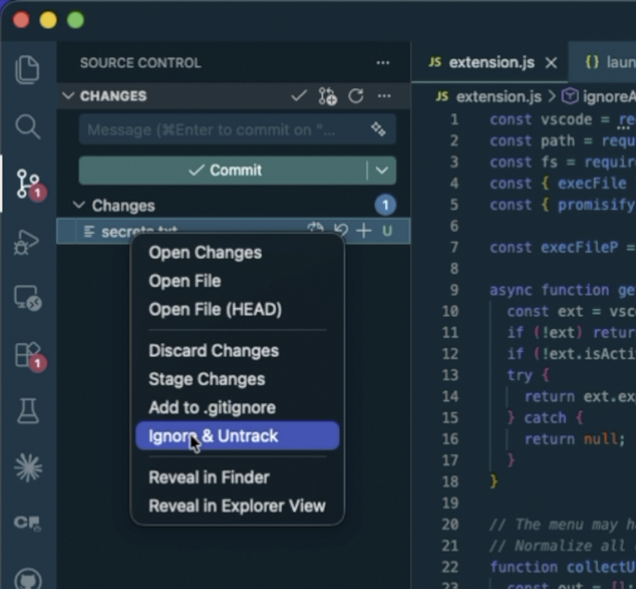The Ignore & Untrack item in the Source Control context menu