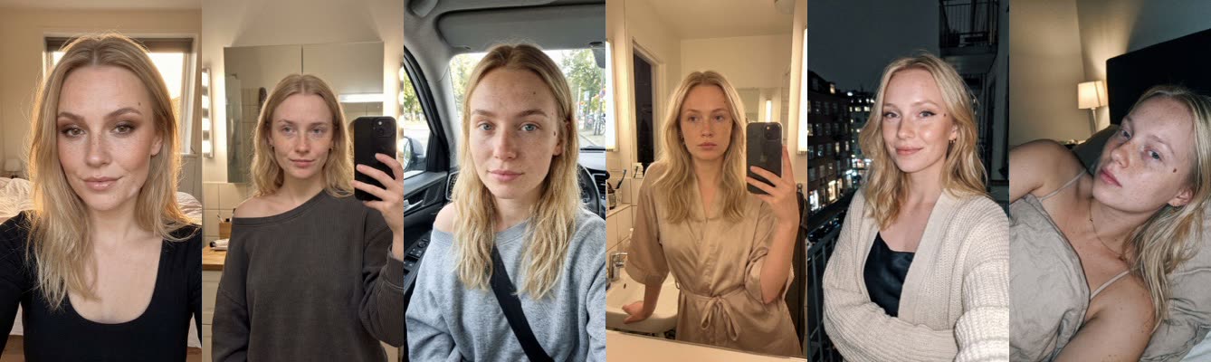 Six looks of the same AI influencer — golden-hour bedroom, bathroom mirror, parked car, night bathroom, balcony at night, in bed