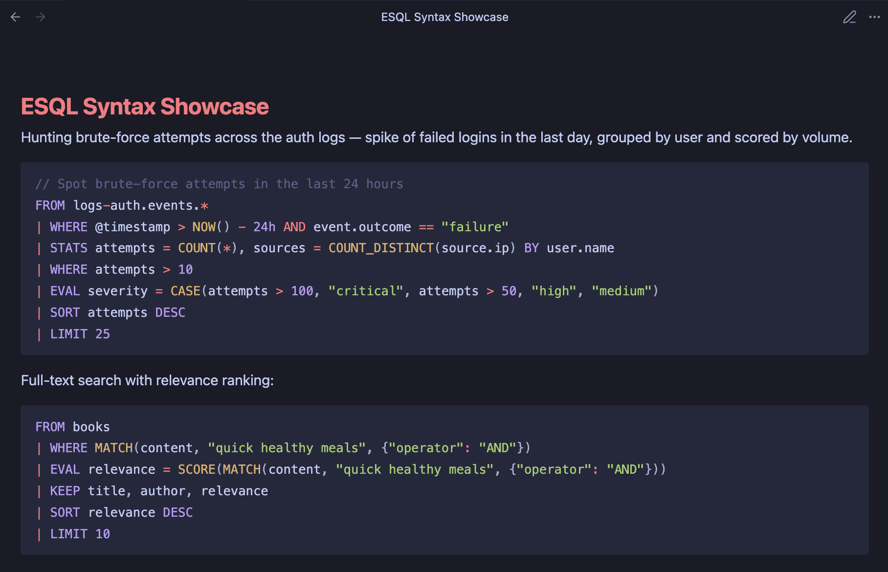 ES|QL syntax highlighting in Obsidian