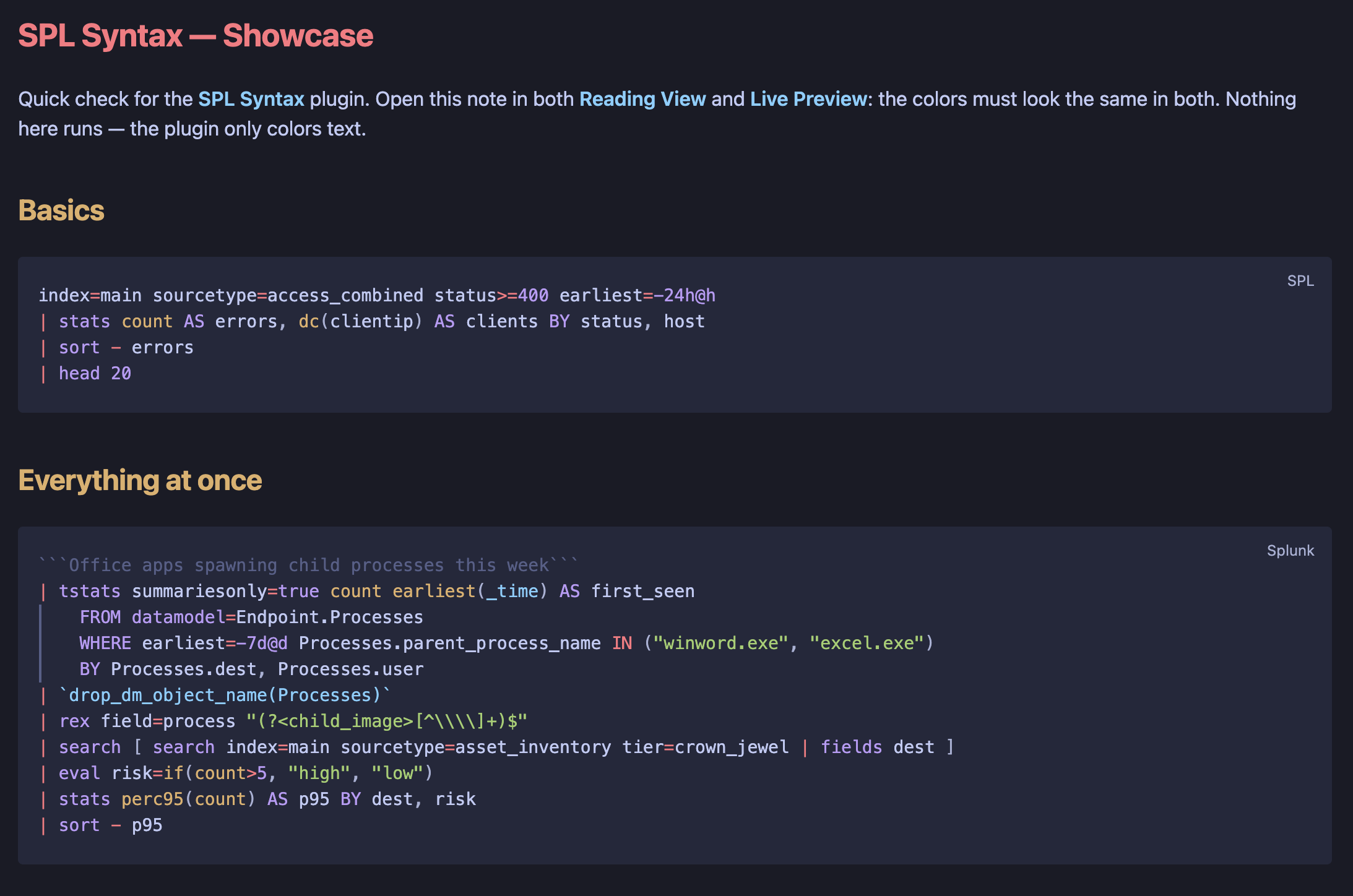 Splunk SPL syntax highlighting