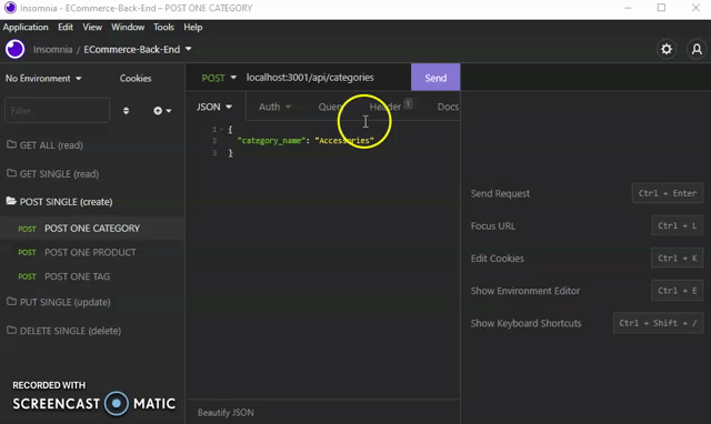 A demonstration gif that shows the user navigating to 'localhost:3001/api/[model_name]' and using a PUT request to add a category, product, and product tag.