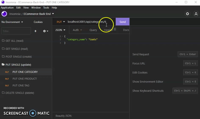 A demonstration gif that shows the user navigating to 'localhost:3001/api/[model_name]/[id]' and using a POST request to edit a category, product, and product tag.