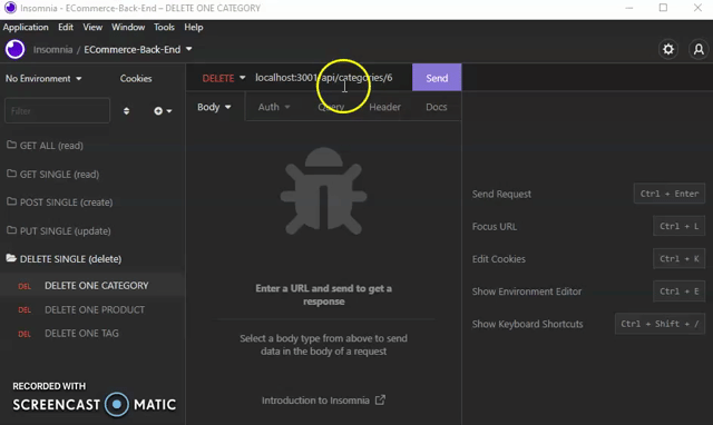 A demonstration gif that shows the user navigating to 'localhost:3001/api/[model_name]/[id]' and using a DELETE request to delete a category, product, and product tag.