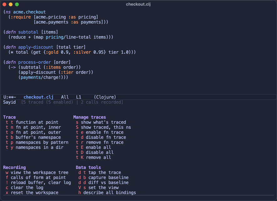 The Sayid workflow - trace some namespaces, run your code, explore the recording