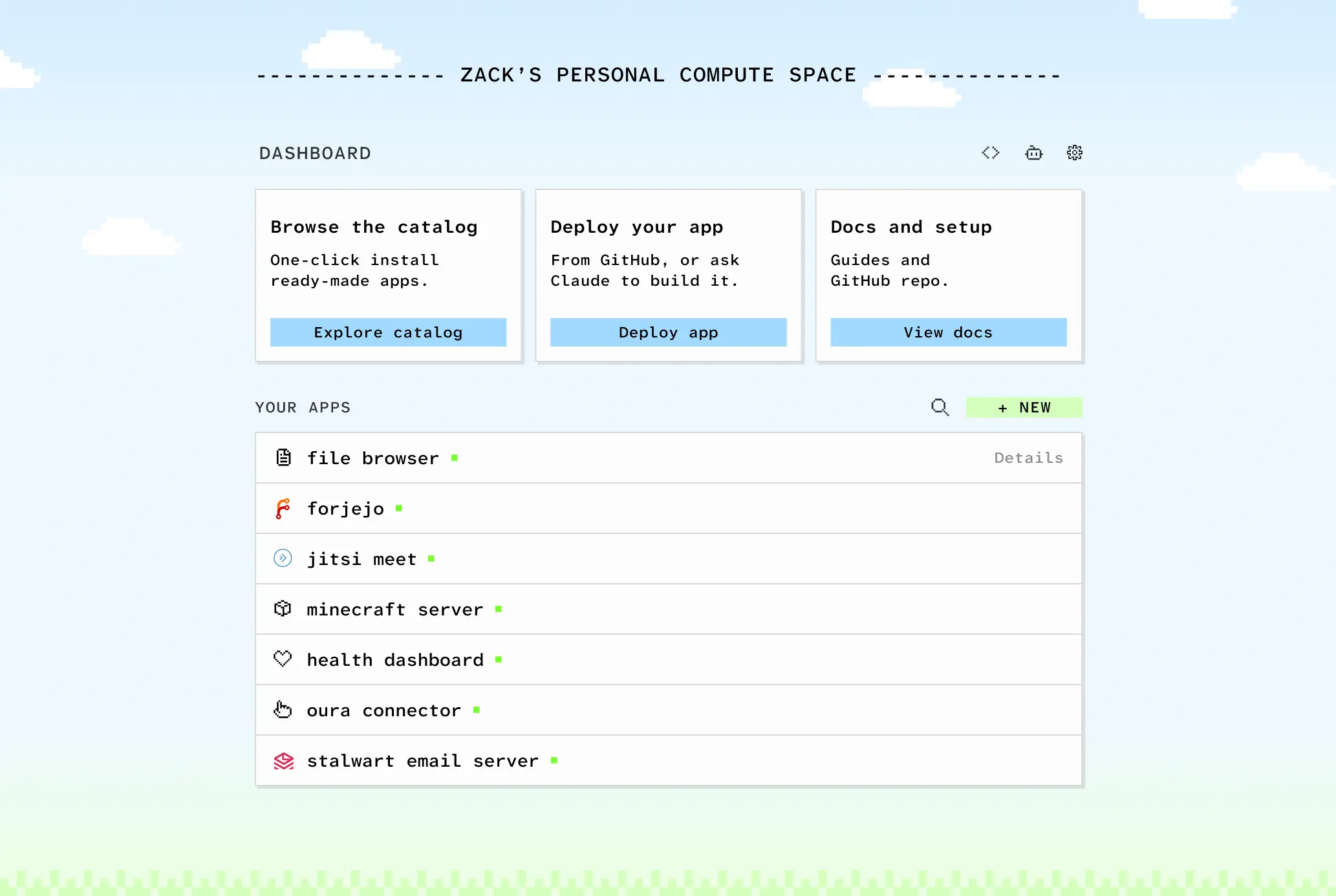 Cloud in a Bottle dashboard displaying multiple installed applications and their status