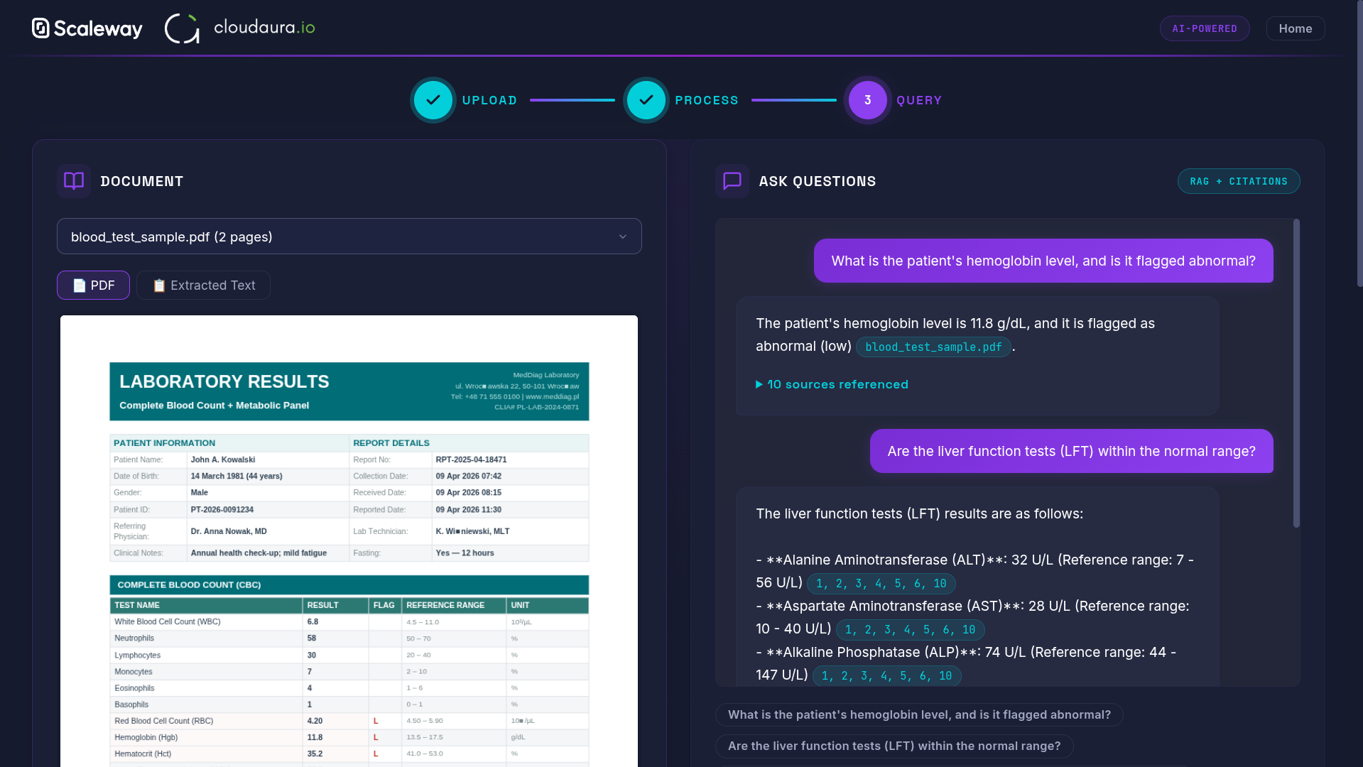 Document Intelligence demo showing medical document chat with source citations