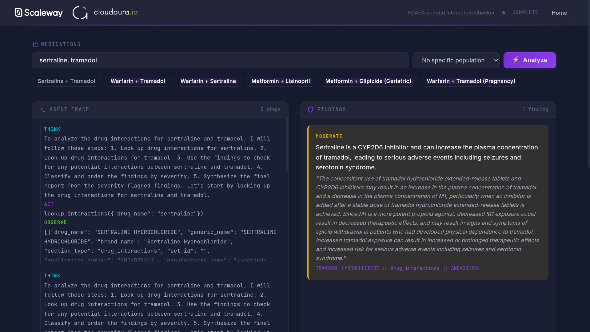 Drug Interactions agent demo showing tool-calling and reasoning for medication safety checks