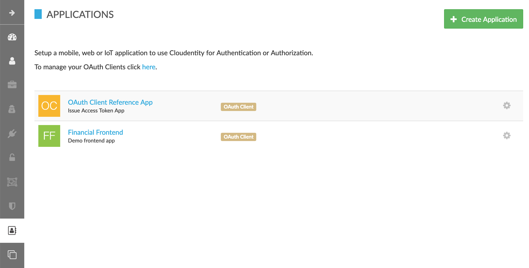 cloudentity admin panel applications view