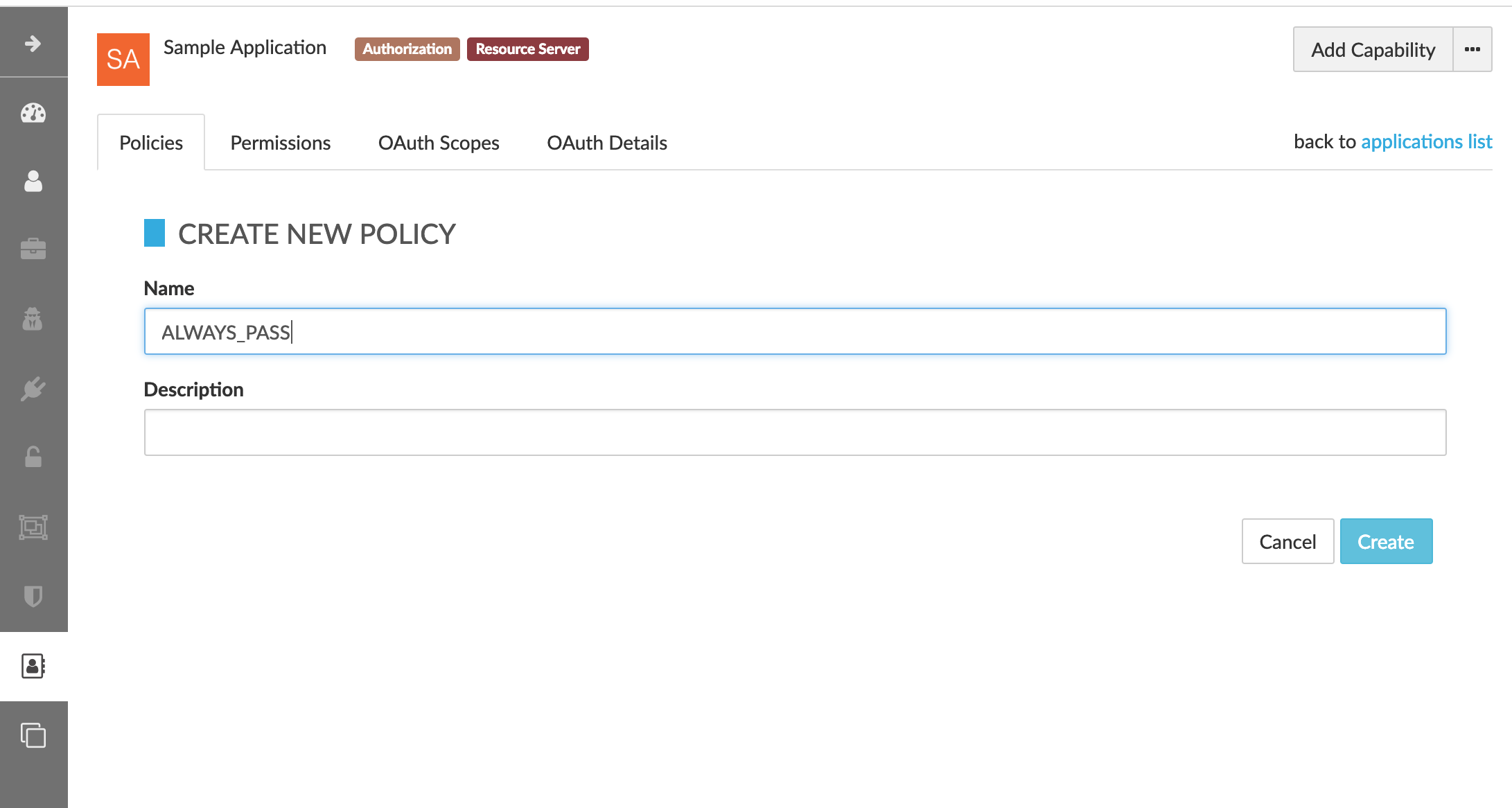 cloudentity authorization engine application view add policy name