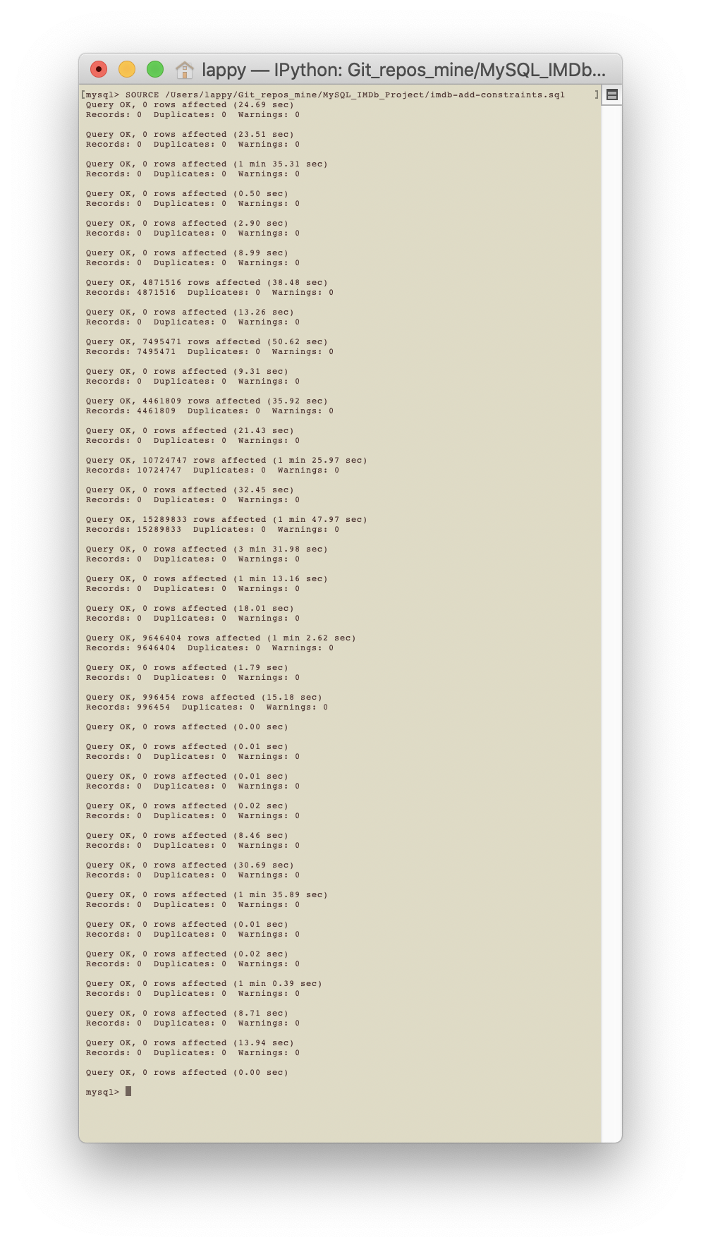 Terminal screenshot of running imdb-add-constraints.sql in MySQL