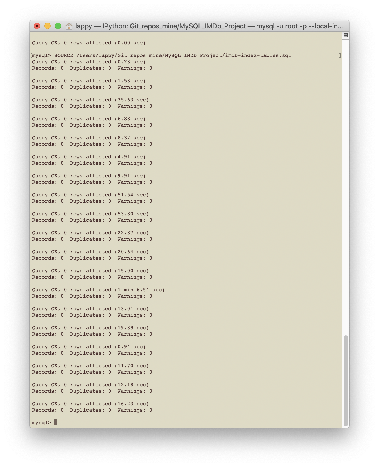 Terminal screenshot of running imdb-index-tables.sql in MySQL