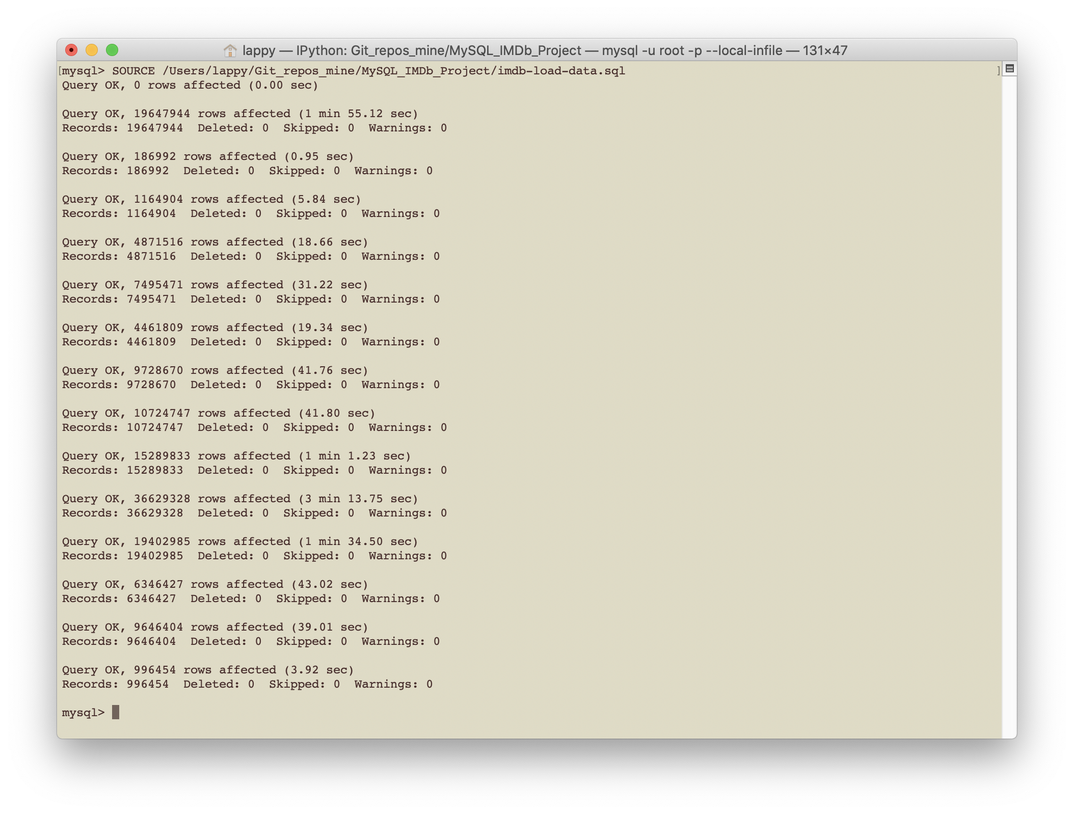 Terminal screenshot of running imdb-load-data.sql in MySQL