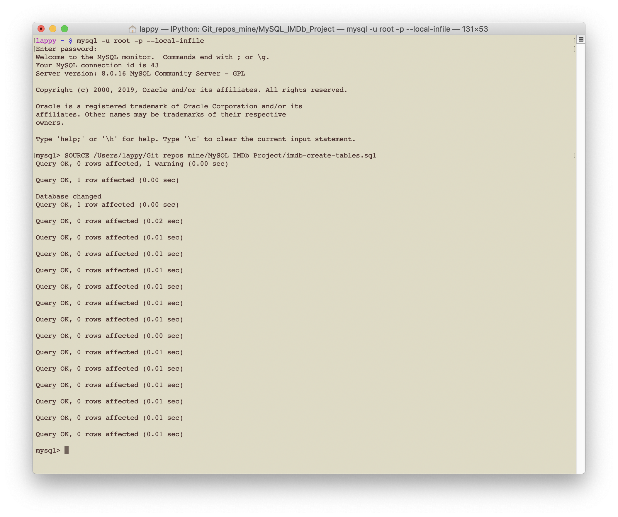 Terminal screenshot of running imdb-create-tables.sql in MySQL