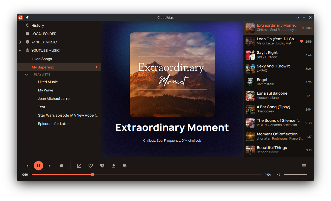 CloudMus desktop app playing a track from YouTube Music