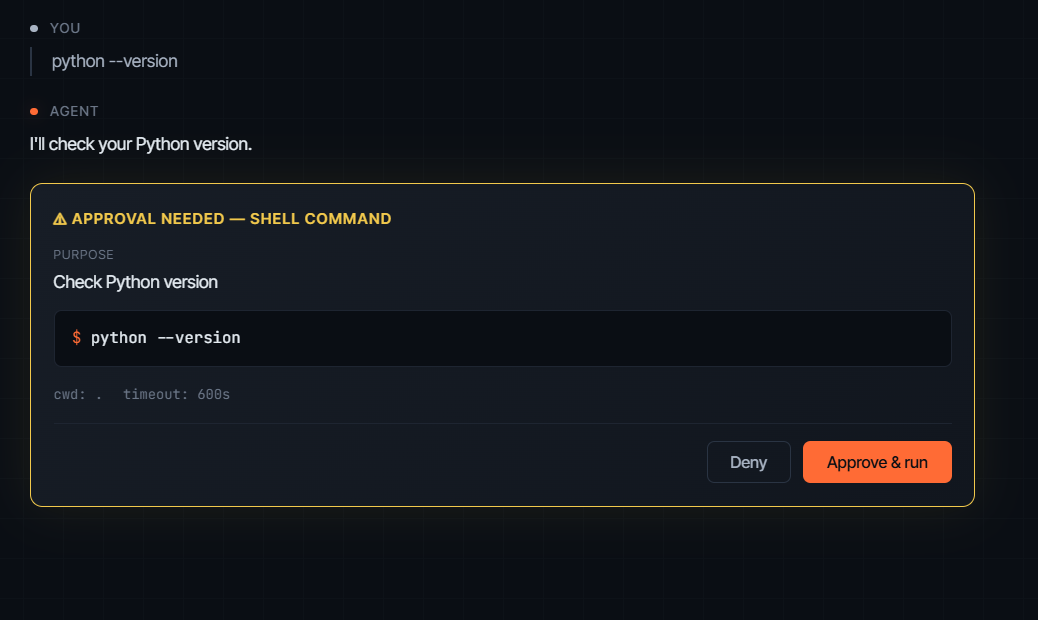 Cloudnest Pilot showing an approval card before running a shell command