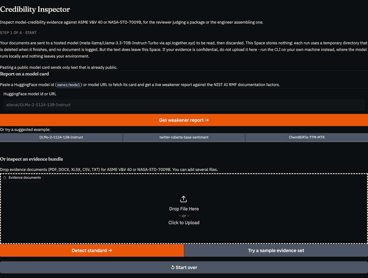 Step 1: the start screen and pre-upload disclosure