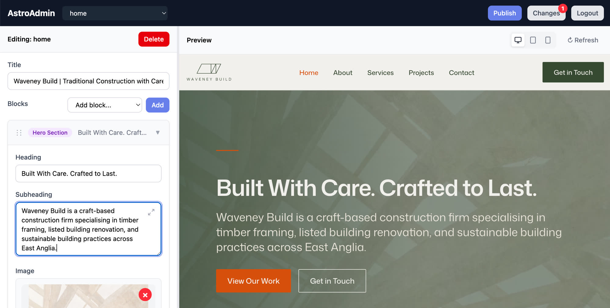 The AstroAdmin editor: a form for the page's hero block generated from the site's schema on the left; the site rendered live in its own dev server on the right