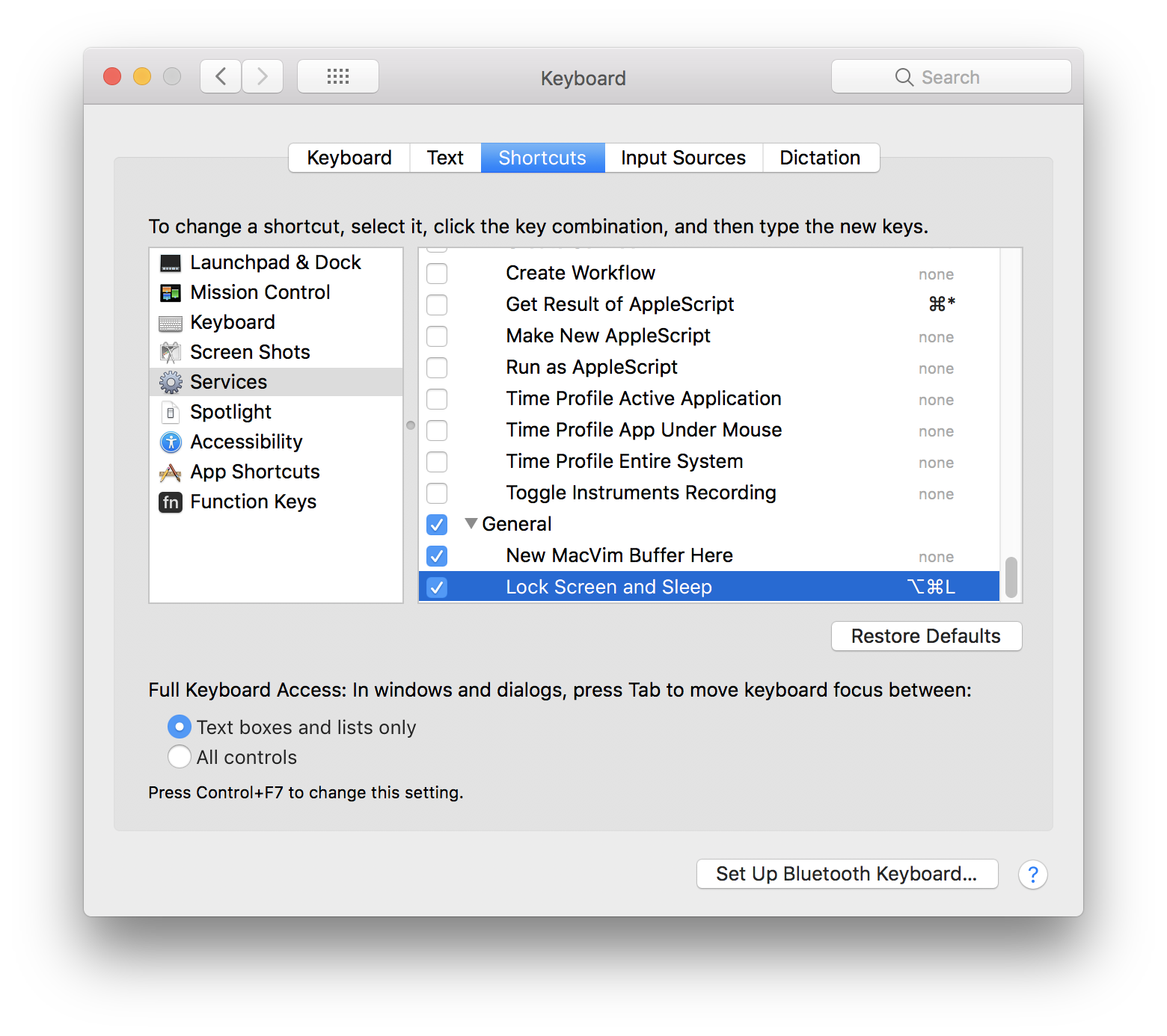 Image of Keyboard settings to create a keyboard shortcut