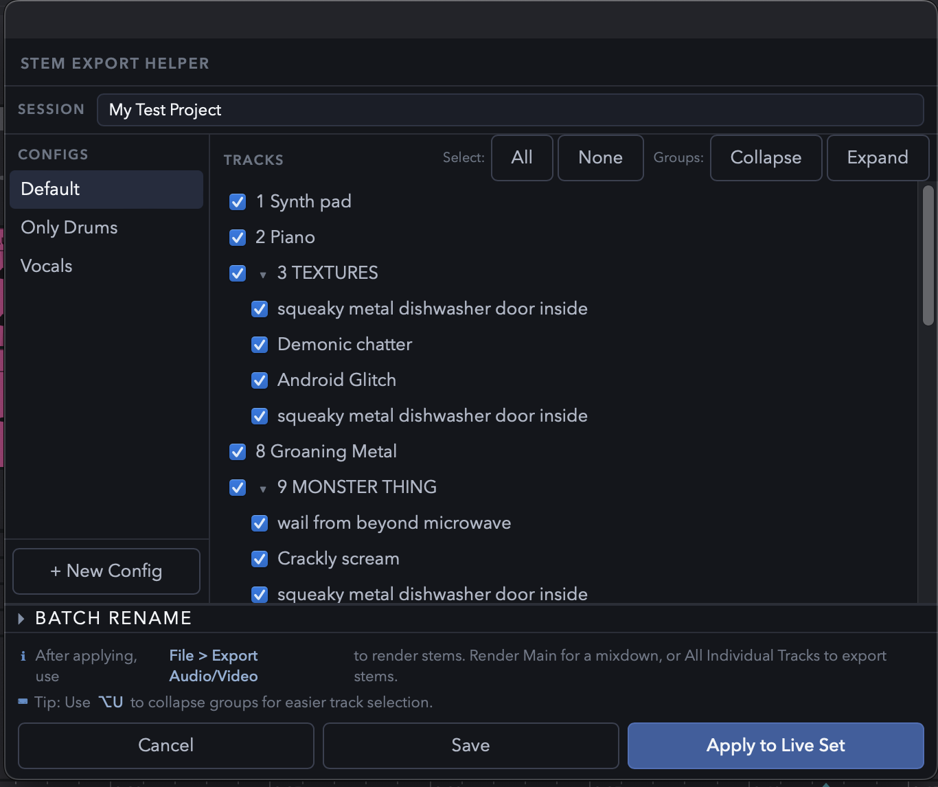 Screenshot of Stem Export Helper
