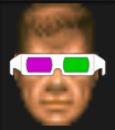 doom head wearing green-magenta anaglyph glasses