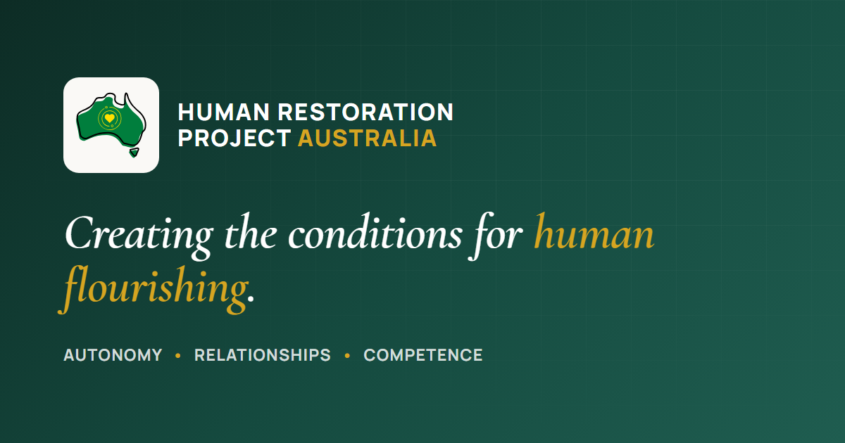 Human Restoration Project Australia: Creating the conditions for human flourishing. Autonomy, Relationships, Competence.
