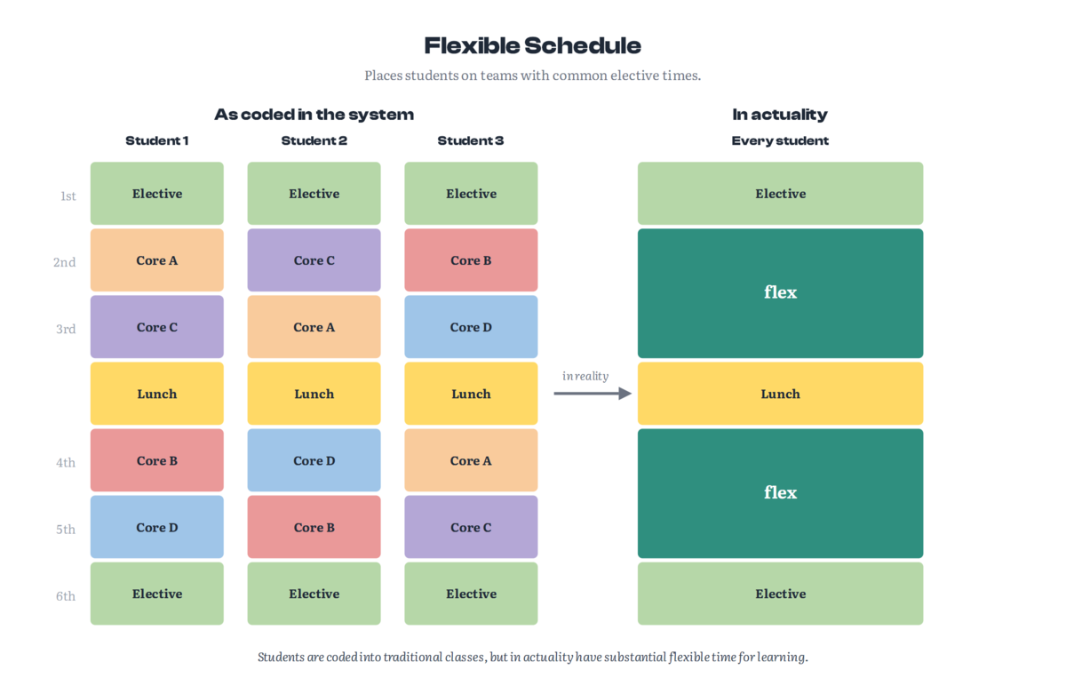 Diagram showing how courses coded in a student information system collapse into two large flexible blocks in practice