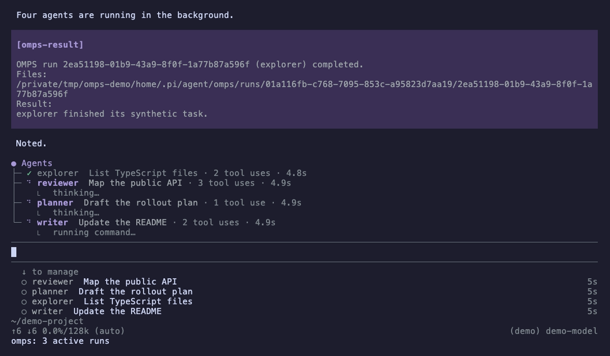 The OMPS agent tree above the editor in a real Pi session, with one finished agent and three running agents
