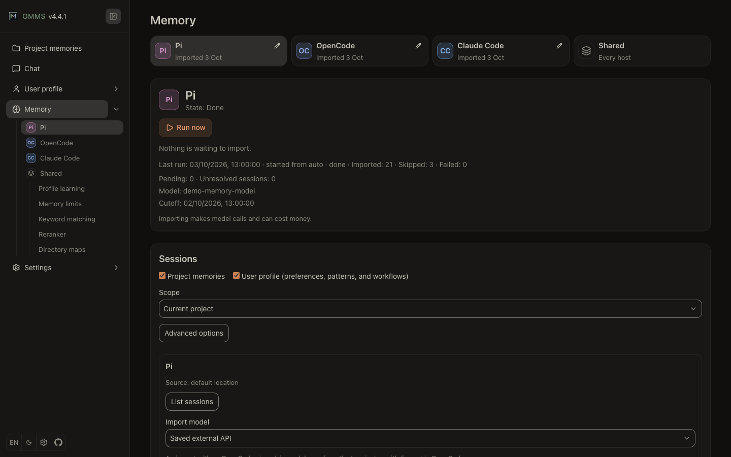 Memory page showing the Pi host view with synthetic import status
