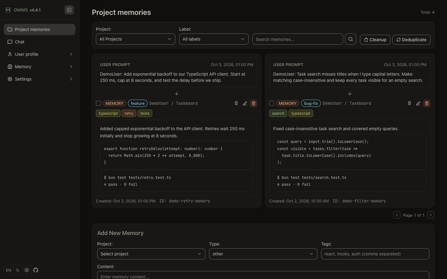 Project memories with synthetic English prompts, code and outcomes