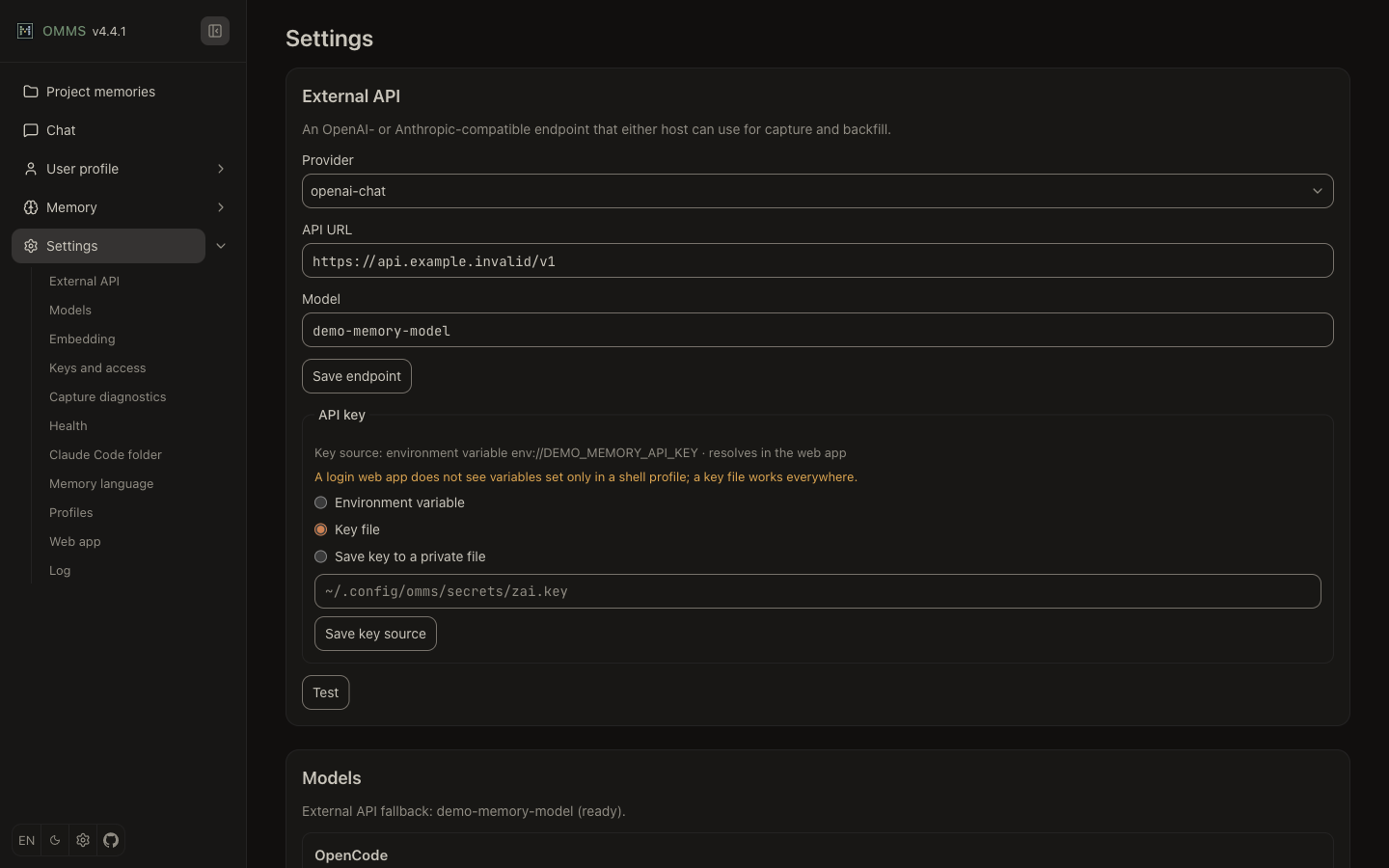 Settings page with synthetic model configuration