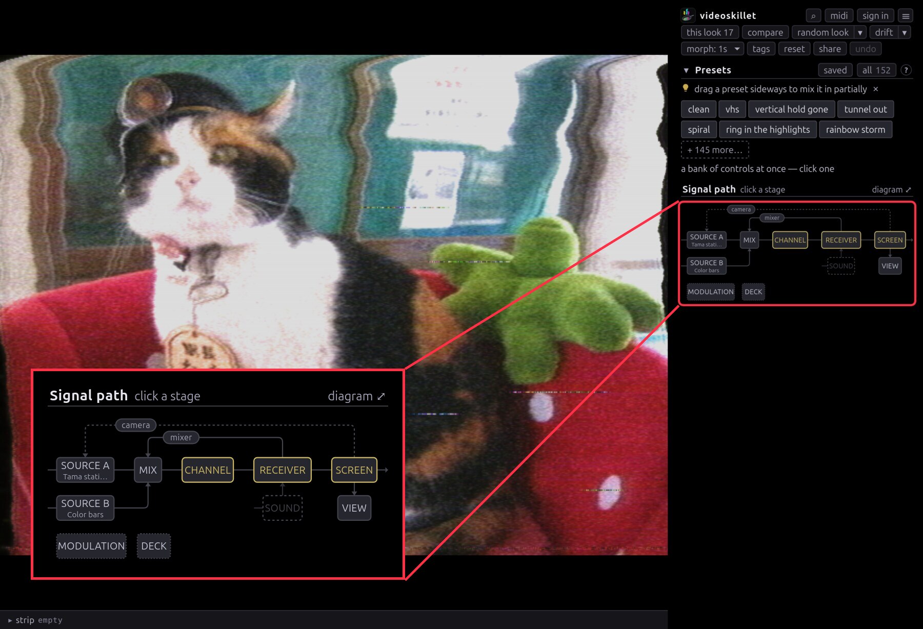 The app window with the signal path map boxed in red at the head of the sidebar and enlarged over the picture: SOURCE A and SOURCE B into MIX, then CHANNEL, RECEIVER and SCREEN, with camera and mixer returns arching back over the trunk, SOUND and VIEW hanging below, and MODULATION and DECK on a row of their own with no wire reaching them