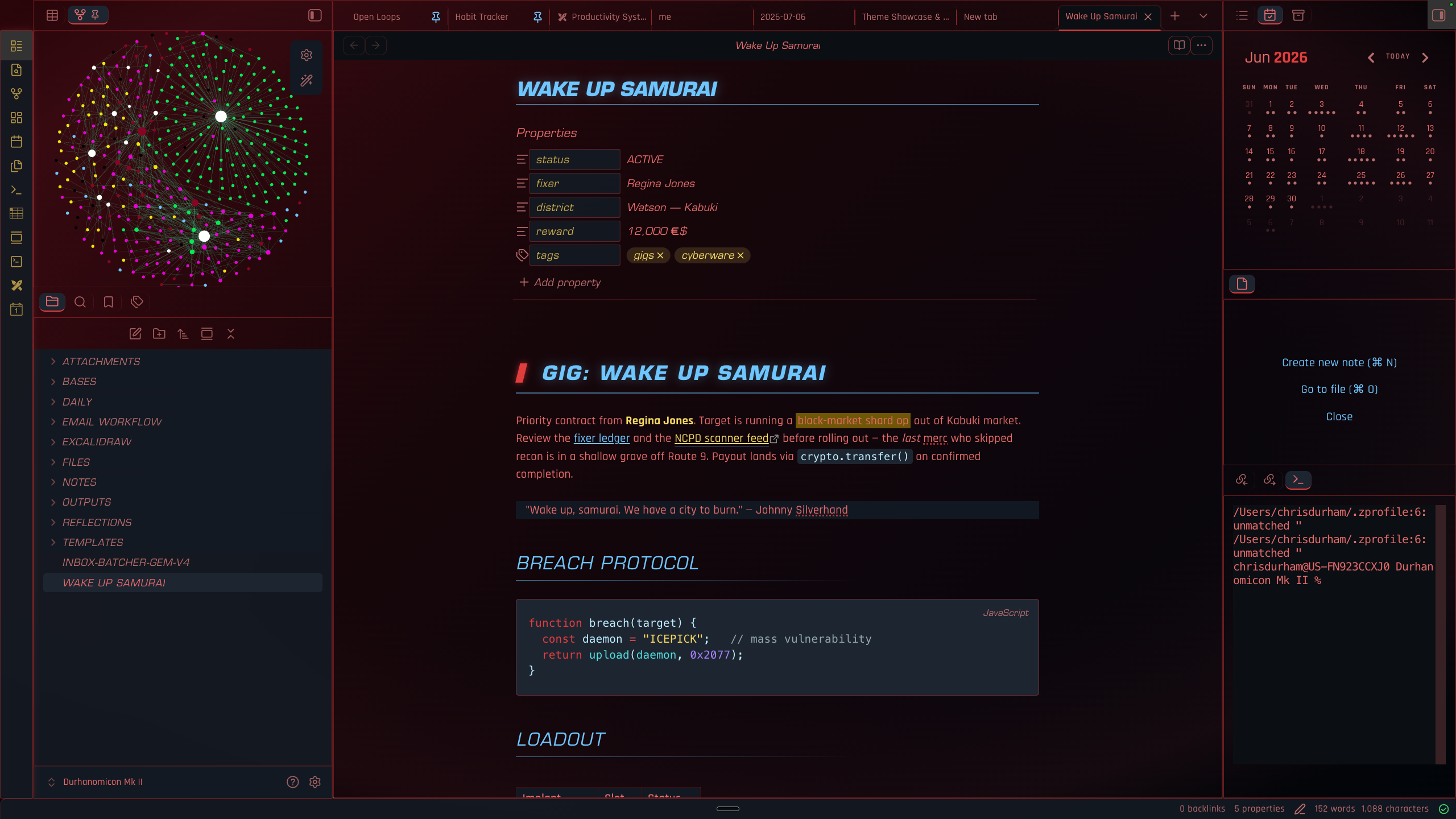Wake Up Samurai theme screenshot showing YAML properties, headings, a blockquote, a code block, a table, tasks, and a callout in the Cyberpunk 2077 style