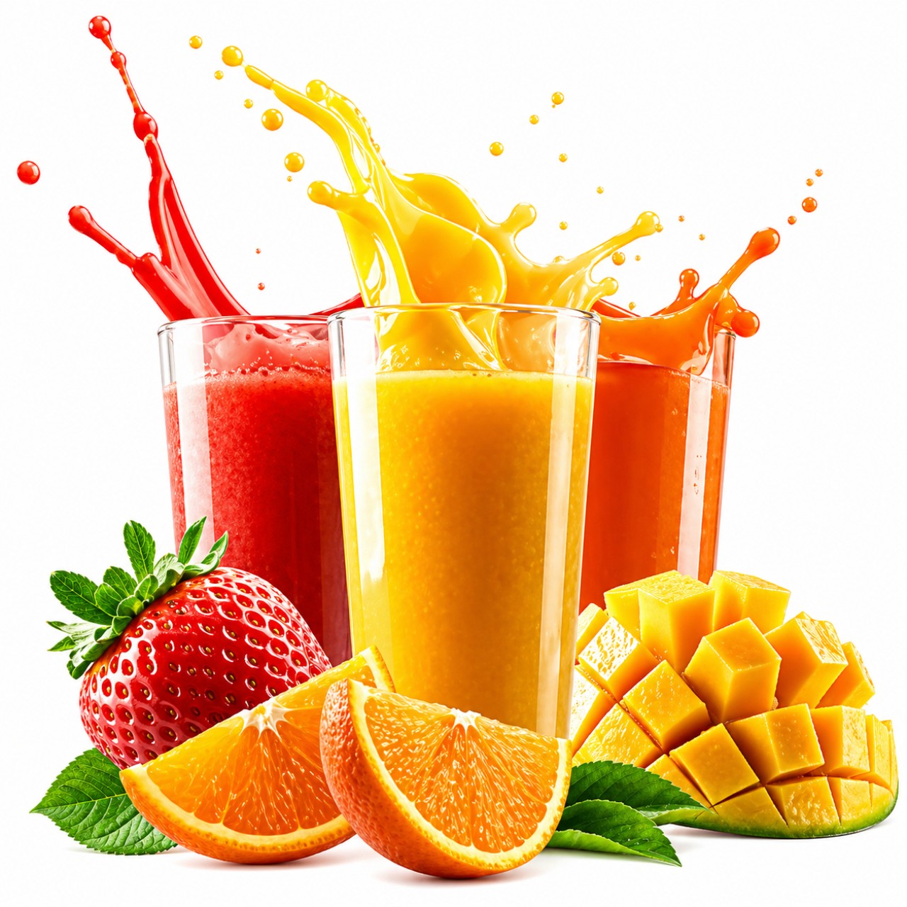 High Quality Fruit Juice Splash PNG 4K | Strawberry Orange Mango Juice