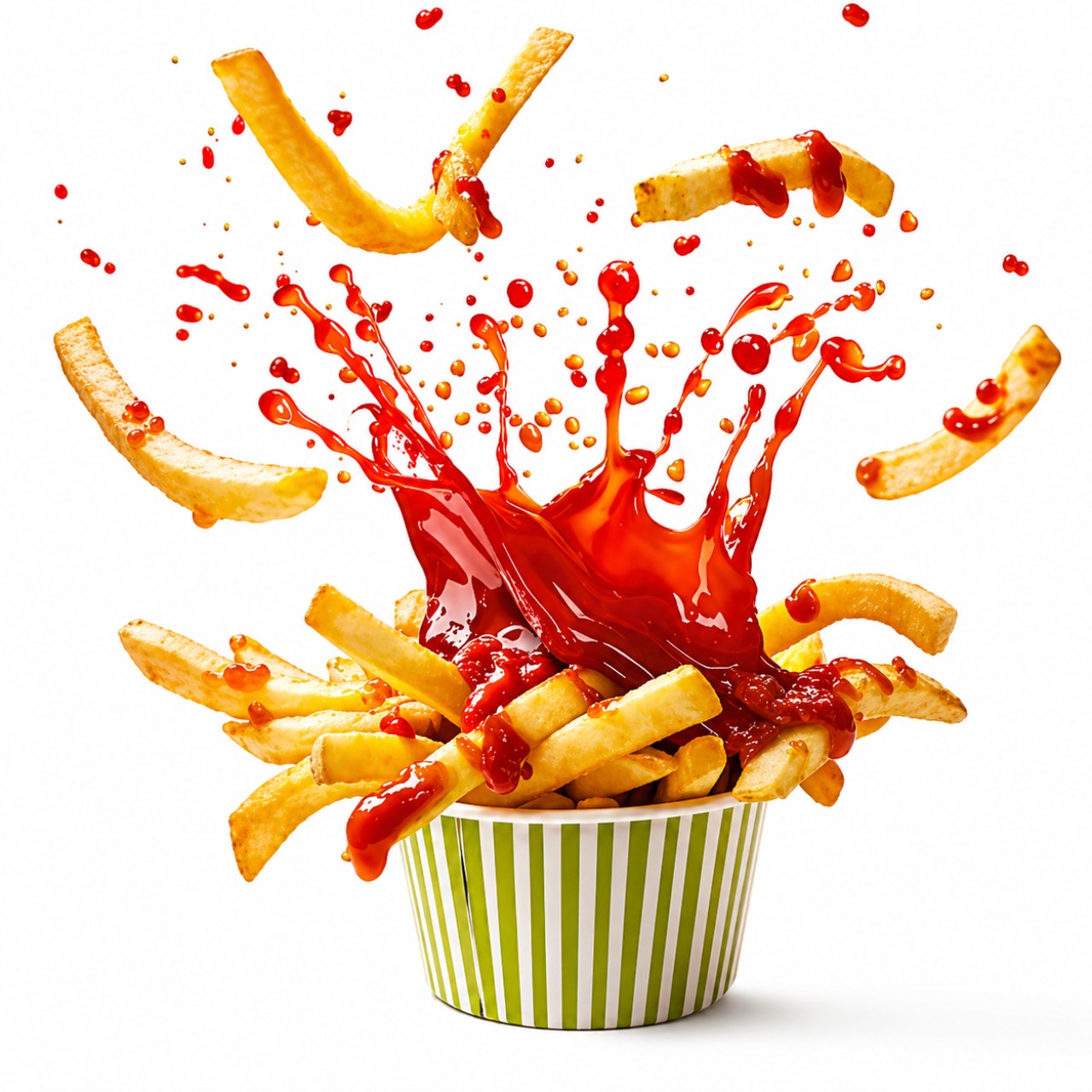 French Fries Ketchup Splash PNG 4K (Ultra HD) – Fast Food Explosion on White Background