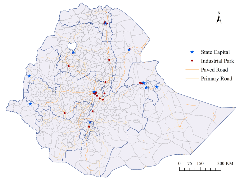 Map of Ethiopia showing the locations of its industrial parks (red dots), the regional state capitals (blue stars), and the paved and primary road network.
