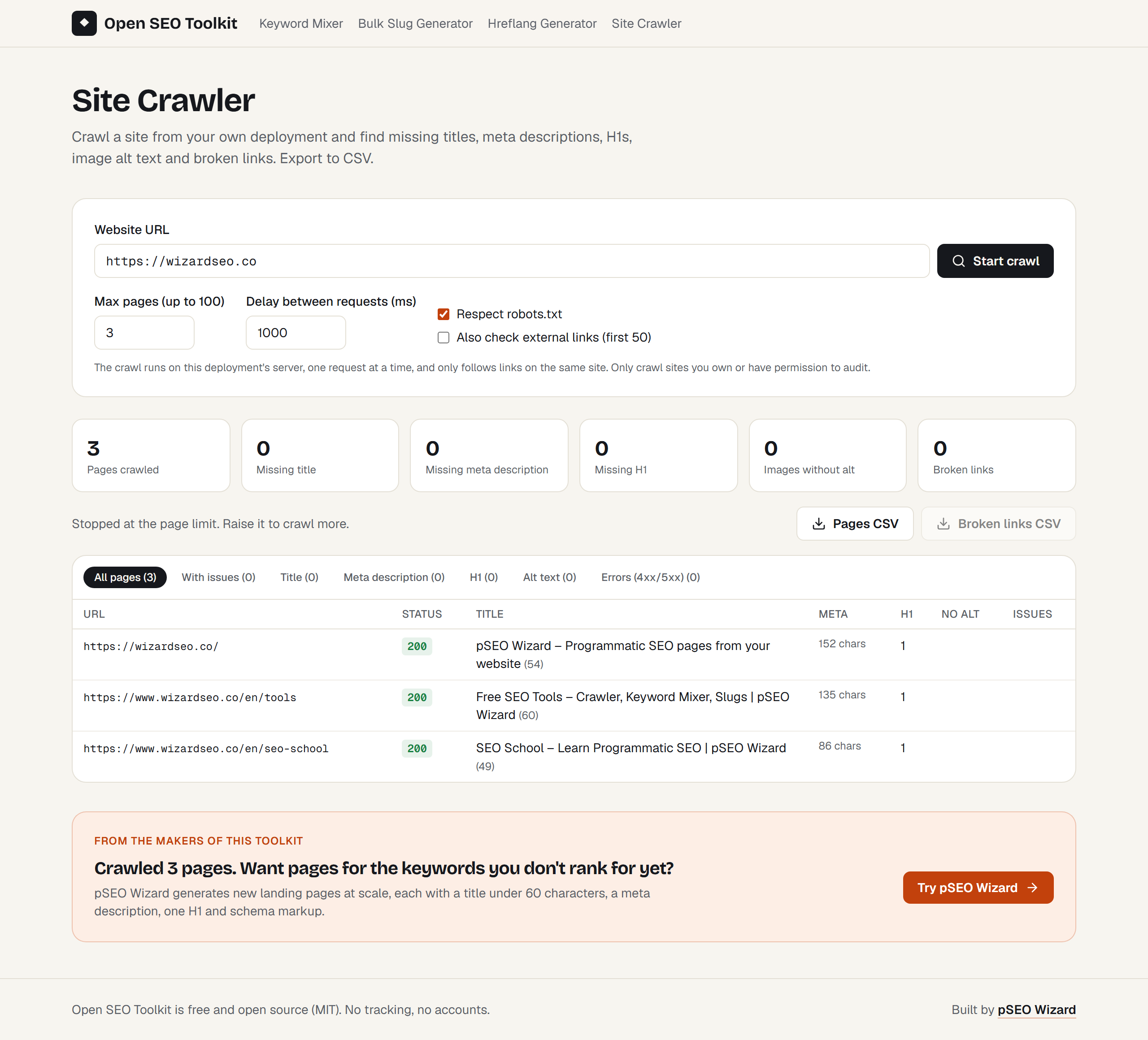 Site Crawler report for a 3-page crawl
