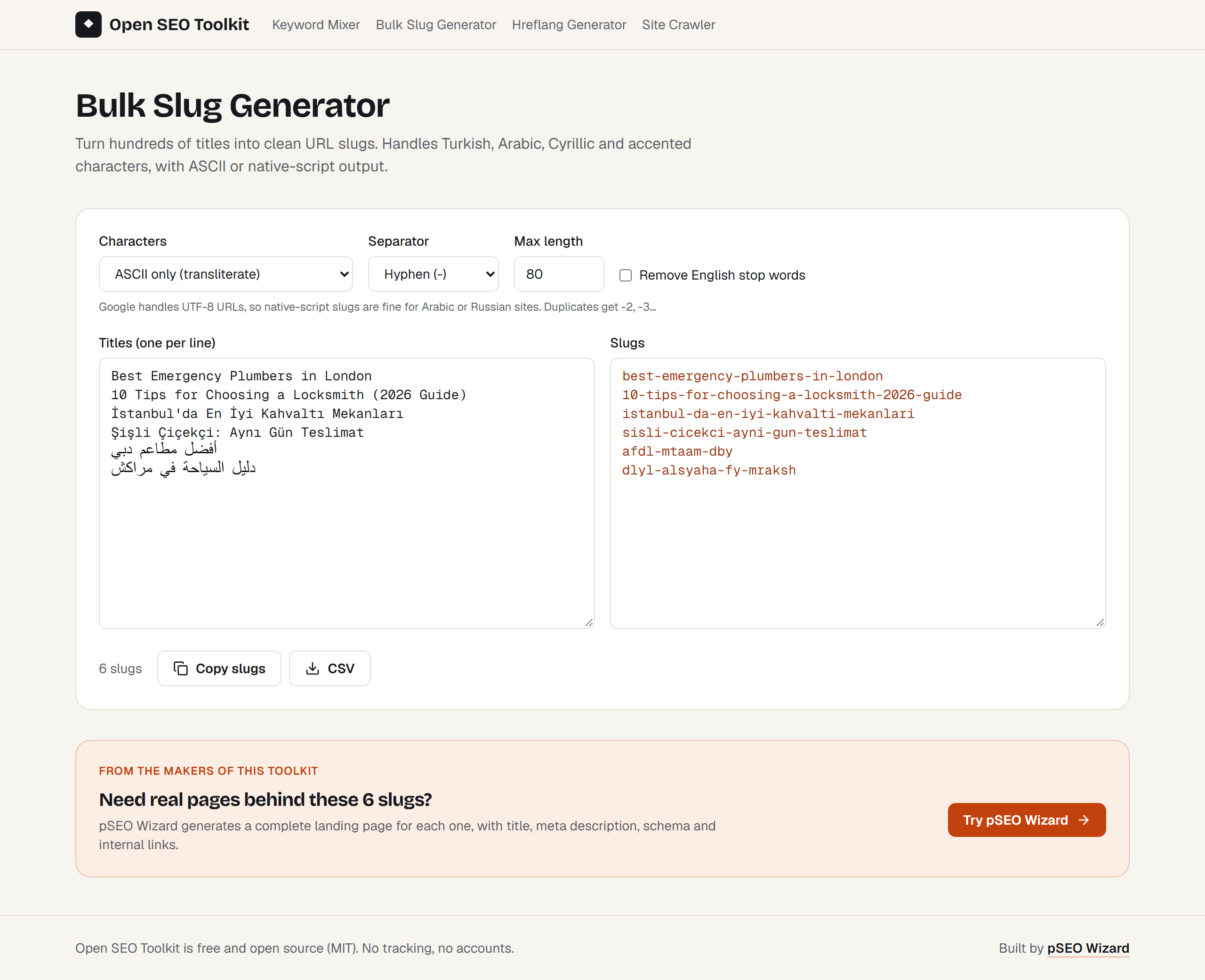 Bulk Slug Generator with English, Turkish and Arabic titles