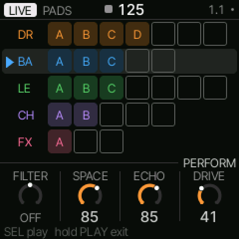 LIVE mode PADS layer on the FM-1 screen, as rendered by the firmware