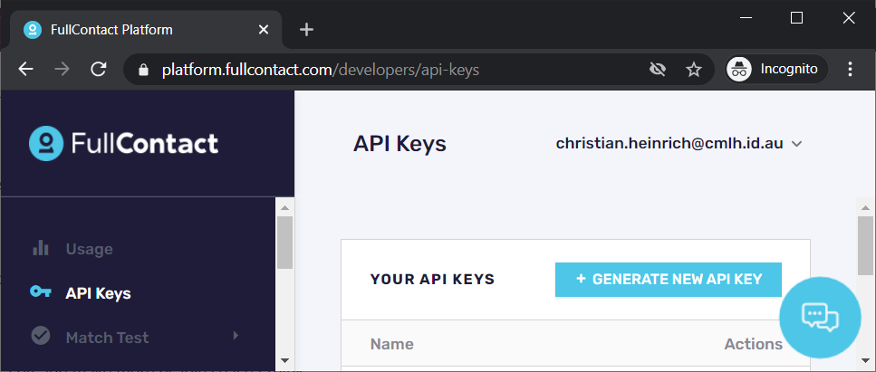 @FullContact Dashboard "Your API Keys"